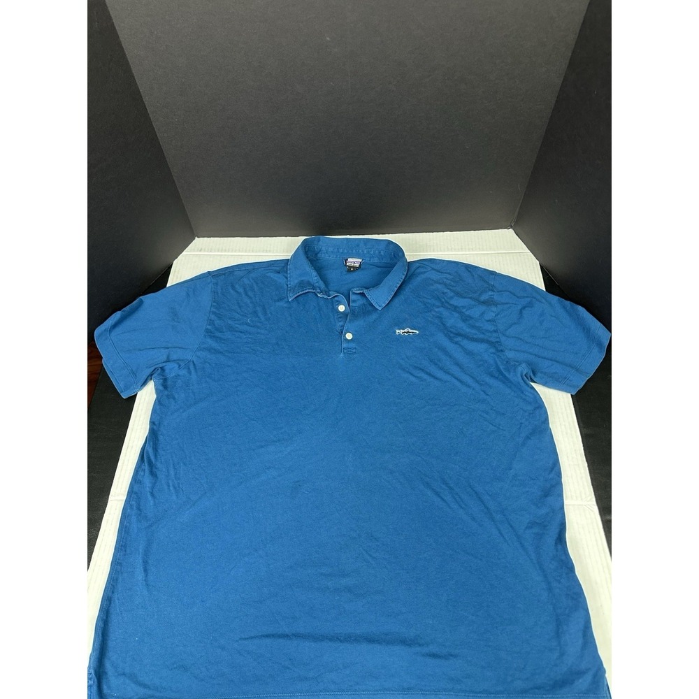 Patagonia Shirt Men's XL Blue Fish Logo Trout Organic Collared Short Sleeve Polo
